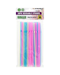 Prima Assorted Colour Neon Reusable Flexible Straws 30 Pack