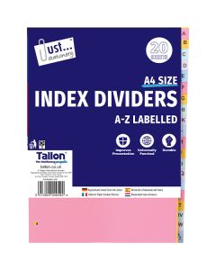 Just Stationery A4 Assorted Colour A-Z Index Dividers 20 Pack