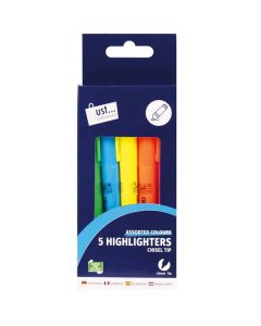 Just Stationery Assorted Bright Chisel Tip Highlighter Pens 5 Pack