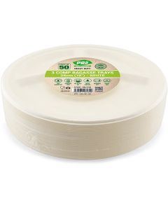 White Biodegradable Bagasse 3 Compartment Trays 26cm 50 Pack