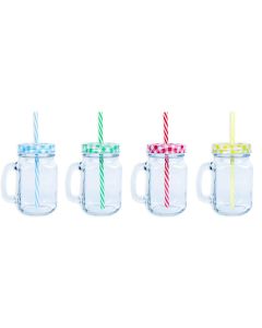 Mason Jar With Lid & Straw 450ml 4 Assorted Colours