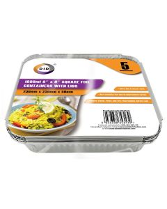 DID Square Foil Containers With Lids 9" 5 Pack 1600ml