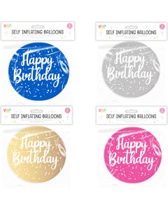 Pop Metallic Self-Inflating Happy Birthday Balloon 2 Pack Assorted Colours