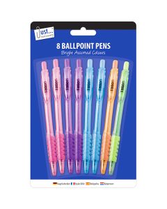 Just Stationery Assorted Pastel Colours Ballpoint Pens 8 Pack